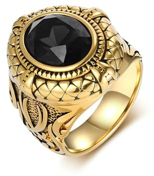 Beydodo Gothic Ring Herren Edelstahl Gold, Männer Ringe Siegelring 24MM mit Oval Zirkonia