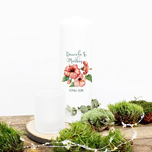 Hochzeitskerze Kerze zur Hochzeit Trauung Traukerze mit Hibiskus Blumen Wunschnamen & Datum wk52 ilka parey wandtattoo-welt®