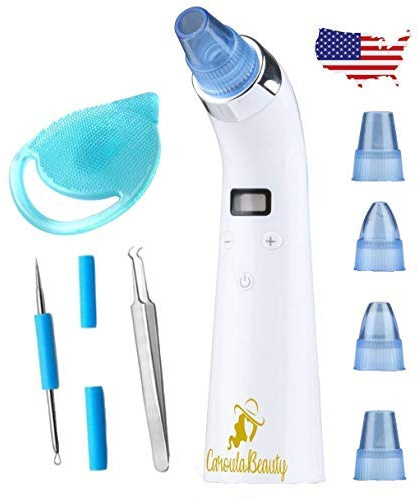 Best Blackhead Remover Vacuum Pore/Acne Cleaner Comedo Suction, LED display, USB rechargable with Bonus Blackhead Tweezer Set and Silicone Face Brush