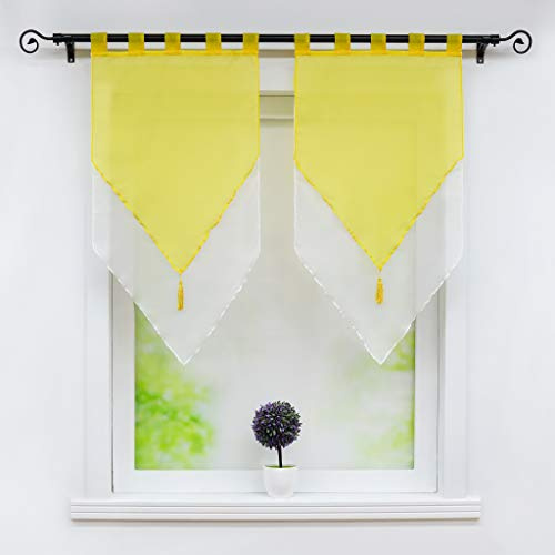 Joyswahl Scheibengardine Voile Panneaux 60x90cm Lydia 60x120cm Gelb/Weiß | Bistrogardinen mit Quaste,Landhausstil,Zweifarbig,Doppelschicht Kurzstore,Mit Schlaufen,2 Stück,Küchengardinen modern