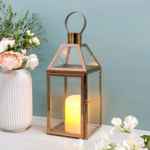 JHY Design Stainless Steel Candle Lanterns, 34cm High Hanging Lantern Glass Lanterns Balcony Accessories for Candles Indoor Outdoor Parties Wedding Gift Garden Hallway Patio Living Room(Rose Gold)