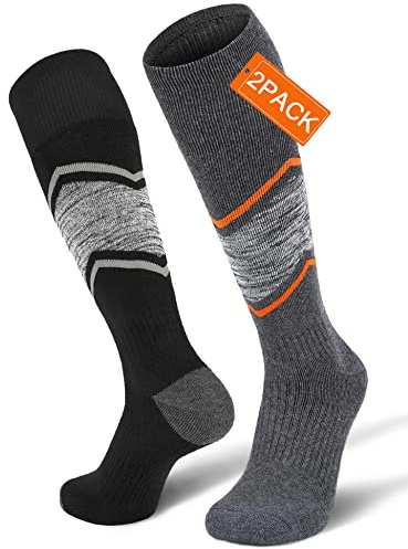 FITRELL 2 Pack Men's and Women's Ski Socks Full Cushioned Winter Merino Wool Thermal Knee High Warm Socks for Skiing Snowboarding, Black+Grey Orange, X-Large, Shoe Size 13-15