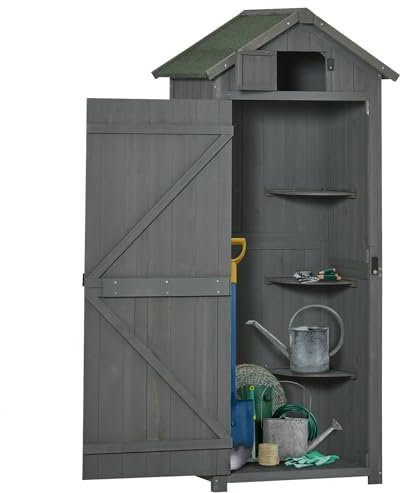 Outsunny Wooden Garden Shed, Utility Outdoor Small Shed with Lockable Double Doors, Shelves and Roof Hatch, Grey