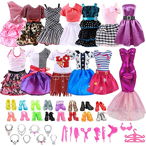 49 Stück Kleidung Puppen, 11 Kleidung + 20 pcs Schuhe + 5 Ketten + 5 Kleiderbügel + 1 Gläser + 7 Friseurset, Schmuck Zubehör Kleider für 11,5 Zoll Mädchen Puppen