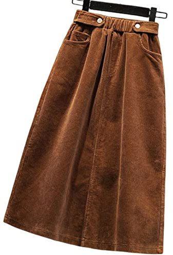 BUJNIE Jupe Midi Plus Size Femme en Velours Côtelé Jupe Longue A-Line Féminine Automne Hiver Jupes Taille Haute, Auburn, XL