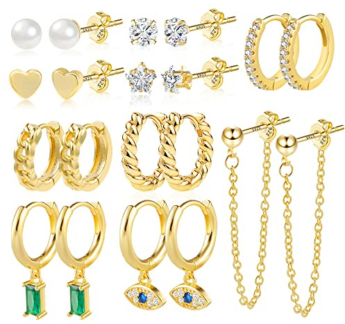 ALEXCRAFT Ohrringe Gold Set Silber 925 Creolen Kleine Ohrstecker für Damen | Ohrringe Set Stapelbar Mehrere Piercing Ohrlöcher Ohrring Knorpel Huggie Creolen Kleine Zirkono Mini Kugel Ohrsteck Set Damen