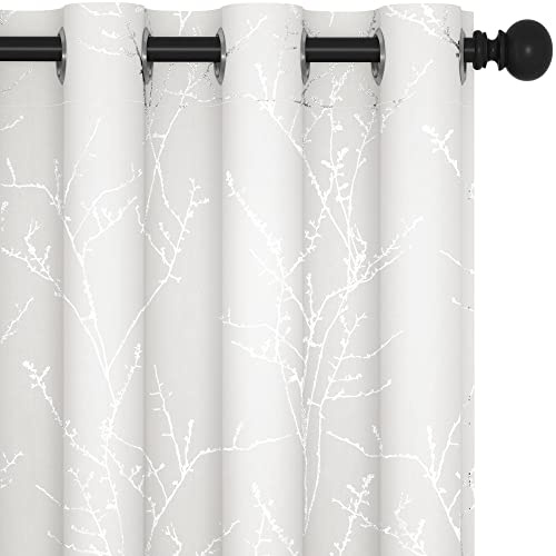 Deconovo Bedroom Curtains, Room Darkening Drapes, Thermal Insulated Soundproof Panel, Silver Tree Print, 52 x 84 Inch, Machine Washable Window Panels for Living Room Officee, Set of 2, Pure White