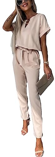 amropi Jumpsuit Damen Elegant Kurzarm Playsuit V-Ausschnitt Casual Lose Overalls Lang Romper Kaki,XL