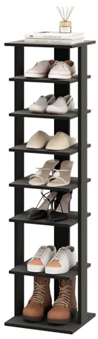 HOMASIS Schuhregal mit 8 Ebenen, höheverstellbar Schuhständer aus Holz, platzsparender Schuhorganizer mit Kippsicherung, freistehendes Schuablage, Lagerregal Eckregal für Flur (Schwarz, Einzel)