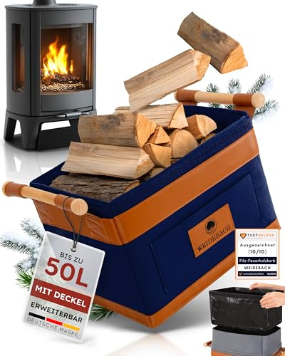WEIDEBACH® Holzkorb für Kaminholz 35L (erweiterbar auf 50L), Kaminholzkorb dunkelblau schwer belastbar, Feuerholzkorb 40cm x 30cm x 30cm, Brennholzkorb mit rutschfestem Griff, Kaminholz Aufbewahrung