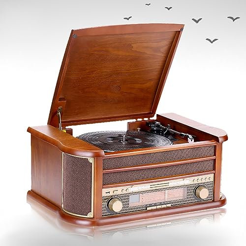 MegLob Phonographe Rétro, Platine Vinyle Old School, Lecteur CD/Disque De Musique Vintage, Lecteur De Cassettes Vinyle Rétro, Prend en Charge La Connexion sans Fil/USB/Radio avec Écran LED
