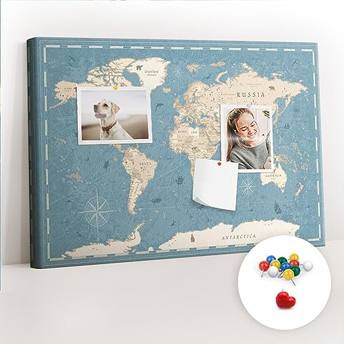 Tulup Reise-Tracker Memoboard Tourkarte Küche 60x40 cm Leinwand Korkbrett Pinnwand - Vintage World Map