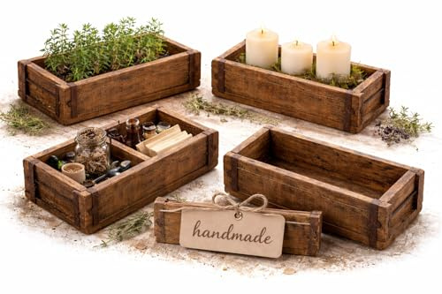 MC-Trend 4 Stück Ziegelsteinform aus Holz – rustikale Holzkiste zum Bepflanzen – Altholz Blumenkasten – Backsteinform mit Metallbeschlägen – jedes Stück ein Unikat – Holz Zieglform