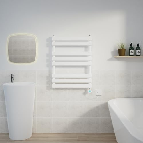 Warmehaus 800x600mm White Flat Panel Electric Towel Rail Timer 400W | Designer, Thermostatic, Prefilled, Child Lock, LCD Display, Dual Fuel, Energy Efficient, Bathroom Towel Radiator, Kitchen
