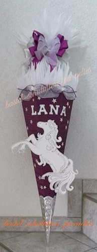 Schultüten Bastelset Einhorn/Pferd lila-weiß mit Organza, Metallspitze und Sterne MaterialType Schultütenzuschnitt 400g Karton