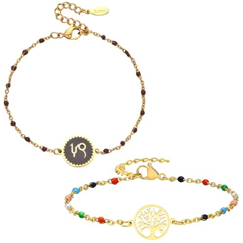 Caimeytie 2 Bracelets: Zodiaque et Arbre de Vie, Parure Bijoux Femme en Acier Inoxydable, Multicolore - Idée Cadeau
