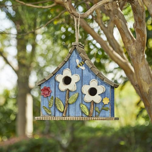 Glitzhome Bird Houses for Outside, 10.75L Distressed Hanging Birdhouse with 3D Flowers Rustic Hand-Painted Garden Wooden Bird Houses for Outdoors Bird Box for Bluebird,Hummingbird,Sparrow,Wren Finch