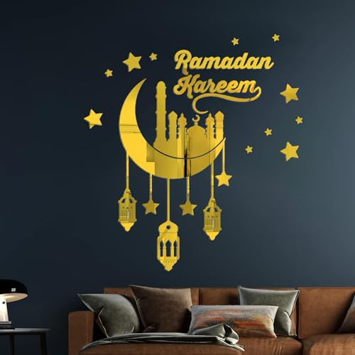 IWTBNOA Ramadan Aufkleber Wanddekoration, Eid Mubarak Wanddekoration, Wasserdicht 3D Acryl DIY Mond Stern Ramadan Selbstklebende Wandaufkleber, Muslim Ramadan Wandtattoo für Zuhause Deko