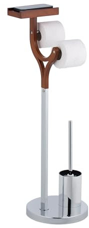 Relaxdays WC Garnitur, stehender Klopapierhalter mit Bürste, Bürstenhalter & Ablage, HBT: 84 x 25 x 30 cm, Silber/braun