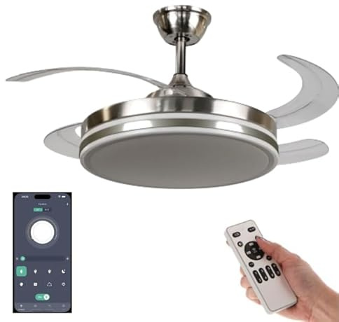 VENTILADOR TECHO LED APP MOVIL FACIL MONTAJE TECHO DC LED ATENUABLE RETRACTIL 4 ASPAS - Opción Sin Pitido, Temporizador, Invierno Verano, 3 Tonos, Modo Brisa, Bajo consumo (Níquel, 107D)