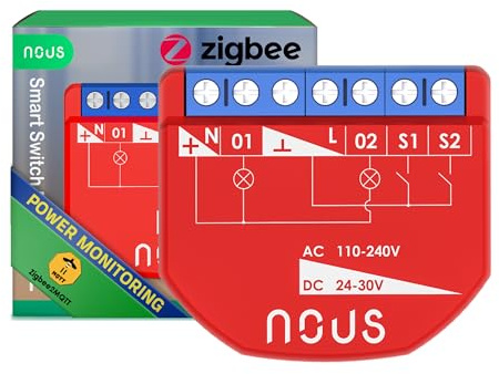 NOUS ZigBee Smart Switch Module mit Leistungsmessung, 2 Kanäle, AC 16A/DC 10A, ZigBee 3.0 Hub erforderlich, Kompatibel mit Alexa, Google Assistant, Home Assistant, Tuya Smart Life App