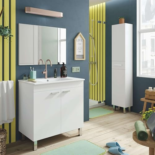 Miroytengo Mueble de Baño Atenea con Patas Armario 2 Puertas Abatibles Color Blanco Brillo 80 cm (con Lavabo PmmA)