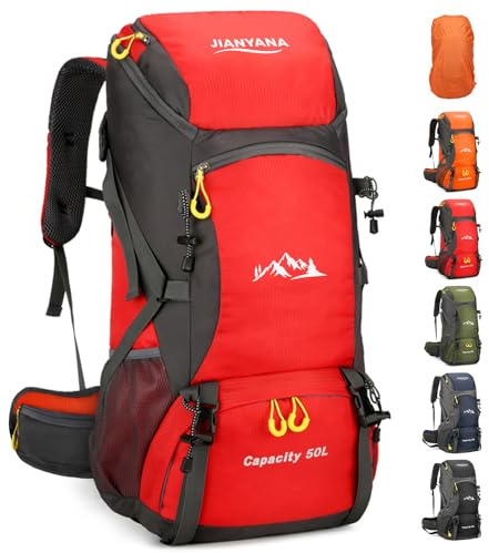 jianyana Hiking Backpack Waterproof 50L Foldable Rucksack Durable Lightweight Camping Bag with Rain Cover for Camping Trekking Hiking Walking Cycling Climbing Outdoor Sports for Women Men Red