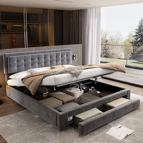 Rtopsu Polsterbett Doppelbett 180x200 cm, Bett mit Stauraum Kasten und Schubladen, Stauraumbett Bettgestell mit Hydraulischem Metallrahmen und Lattenrost aus Holz, Samt, Grau, Ohne Matratze