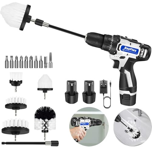 16.8V Cordless Drill Driver Kit, Electric Screwdriver with 2 x 1.5Ah Batteries, Charger & 5-Pack Drill Brush Set
