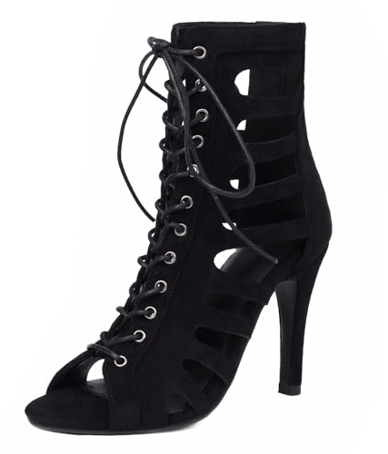 Yueldiwona Mujer Gladiador Sandalias Alto Tacón Pequeno Baile Heels Strappy Peep Toe Cordones Botas de Verano Cage Zapatos Zipper Black Size 38