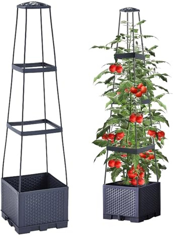 Shienfir Cama de jardín elevada con maceta de tomate enrejado para trepar plantas vegetales, riego automático, macetas de tomates al aire libre, jaula de tomates con ruedas para trepar plantas
