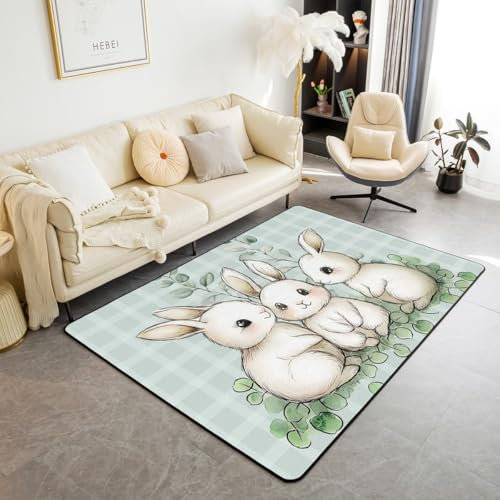 Loussiesd Kawaii Little Bunny Teppich 100x150cm Check Cartoon Kaninchen Wohnzimmerteppich Osterblume Nettes Tier Modern Teppich 3D Tier Thema Super Weich Outdoor Teppich Wetterfest