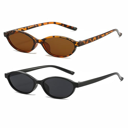 FSMILING 2 Stück Ovale Retro Sonnenbrille Damen Cateye Vintange Sonnenbrille Oval Trendy 90er Klein Schmal Katzenaugen Sunglasses