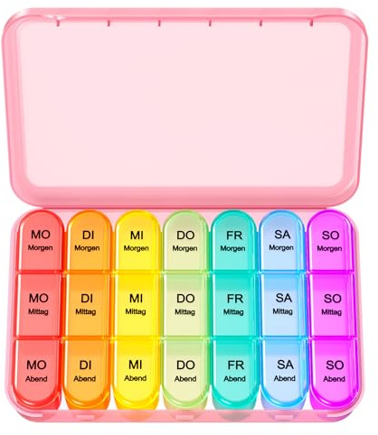 Doruimi Tablettenbox 7 Tage Morgens Mittags Abends, Medikamentenbox 7 Tage 3 fächer, Klein Pillendose Große Fächer - Rosa