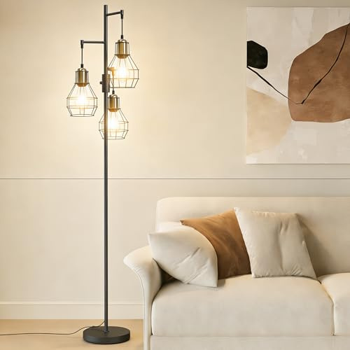 PULUOMIS Floor Lamp, Industrial Floor Lamps for Living Room, Standing Lamps with Teardrop Cage Lampshade, Standard Tall Lamp with 3 Light for Bedroom, Bulb Not Included, Black
