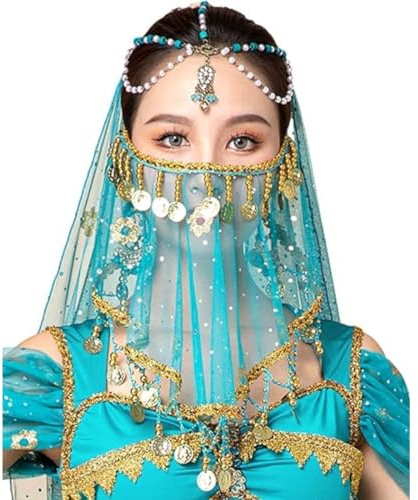 Women's Belly Dance Tribal Face Veil, Chiffon Mysterious Veils with Sequins Beads for Belly Dane Costumes, Retro Indian Dance Face Veil for Performance Halloween Costume Accessory for Women