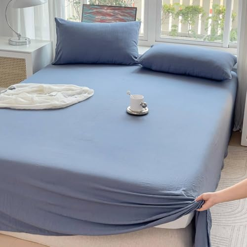 Lirzxin Ropa de cama sin goma, 160 x 230 cm, sábana bajera individual de algodón lavado, color liso, sábana bajera de verano, suave y transpirable, lavable a máquina, azul