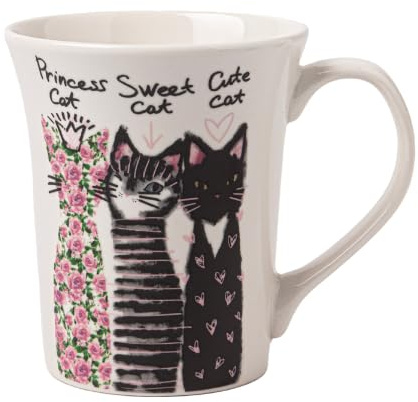Modern Cat Bone China Mug 350ml Assorted Designs Lightweight Ceramic Tea & Coffee Cup, Gift Mug for Cat Lovers (Princess Cat)