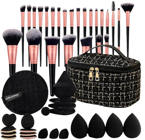 Kustimantu Ensemble de pinceaux de maquillage de voyage, kit d'accessoires de maquillage 47 pièces avec étui organisateur, étui de voyage élégant et organisateur pour femme, fille ou épouse