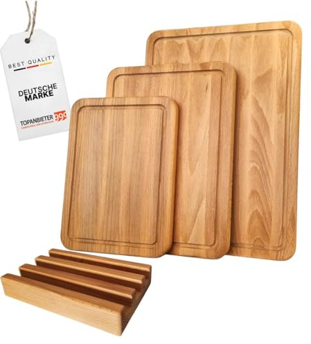 Uppsättning av 3 skärbrädor, tillverkade i EU, med stativ i bok av högsta kvalitet, storlek 27/30/40 cm, köksbräda set för kött, bröd, grönsaker, naturliga träskivor, arbetsbrädor, skärbrädor