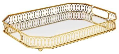 Vassoio a specchio vintage, 35 x 25 cm, decorativo in metallo con bordo dorato, superficie lucida a specchio per bevande, alimenti, candele e decorazioni per la casa