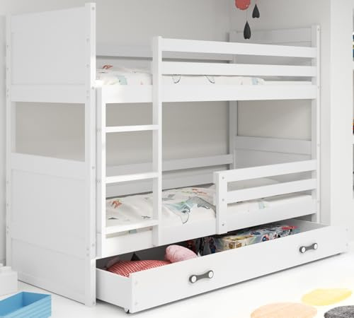 Interbeds Etagenbett 200x90 cm Hochbett mit Schublade Stockbett Holzbett Kiefernholz Kinderbett Jugenbett mit Lattenrost und Rausfallschutz (weiß, 200x90)
