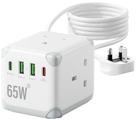 3M Cube Extension Lead with USB Slots, 3 Way Multi Plug Extension Socket with 4 USB Ports(2 Type-C), Desktop Usb Extension Cable, 13A Plug Extension Lead with Child Safety for Home Office Travel