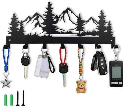 ZIJANG Schlüsselbrett Wand Bergdesign mit 7 Haken Schwarz | Modernes Schlüsselbrett für Eingangsbereich, Küche und Schlafzimmer, platzsparende Wandaufbewahrung