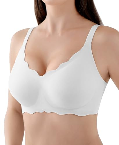 Sujetador sin Aros para Mujer Cómodo sin Costuras Suave y Acolchado Bustier Sujetador Suave Bralette Tipo Camiseta Escote en V (Blanco, L)