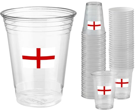 Komonee 25 x England Clear Cups 570ml (20oz) - Wide Rimmed Disposable Plastic Pint Glasses for World Cup, Football, Euros, Rugby, Parties & Adult Novelty