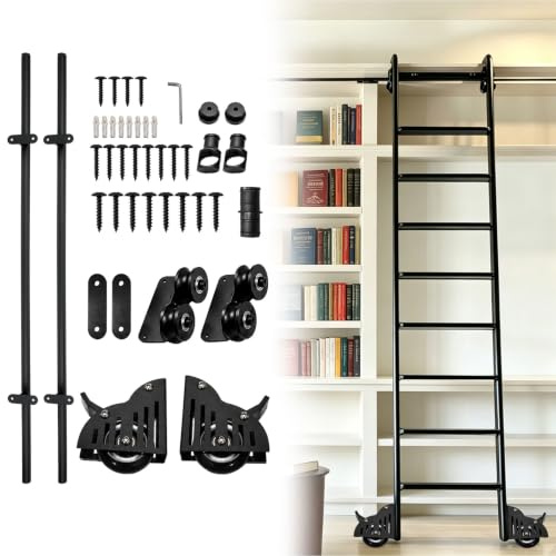 6.6FT Sliding Library Ladder Hardware, Rolling Ladder Library Full Set | Bottom Wheel with Brake, Easy to Install, Ladder Rail Hardware for Library, Home, Office(No Ladder)