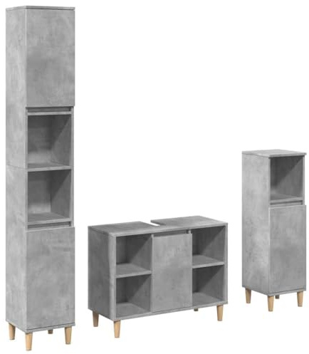 Yisssmeng 3-TLG. Badmöbel-Set in Betongrau – Waschbeckenunterschrank, Hochschrank & Badschrank aus Holzwerkstoff – Modernes Badezimmer Möbel-Set für optimalen Stauraum