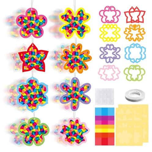 Flower DIY Paper Cutting Window Stickers Mini Suncatcher Decorations Handmade Holographic Craft Kit Decorations for Classroom Party Wall Hanging Ornaments for Children Arts and Crafts
