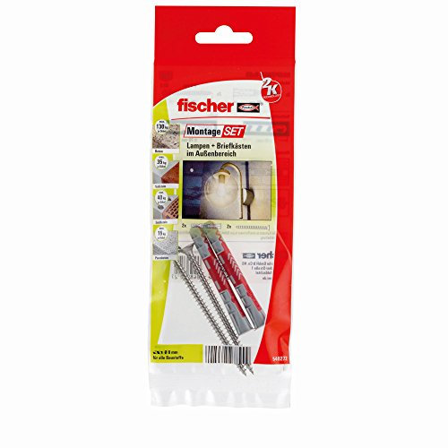 fischer MontageSet Lampen und Briefkästen im Außenbereich B, mit 2 x Dübel DUOPOWER 8 x 65, 2 x Spanplattenschraube 5,0 x 80 A2 rostfrei - 1 Stück - Art.-Nr. 540272